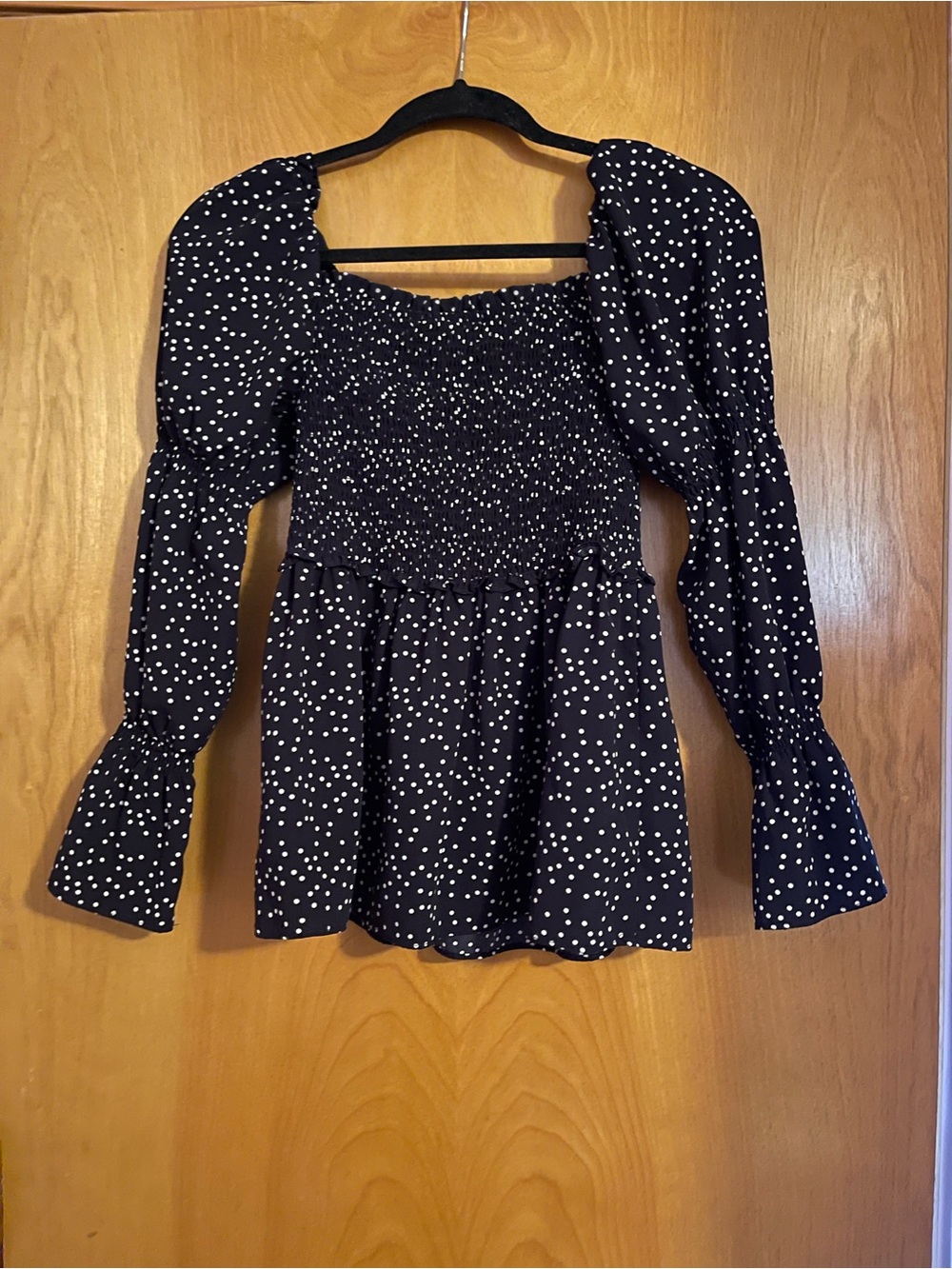 Smocked Black & White Polka Dot Puff Long Sleeve Top
